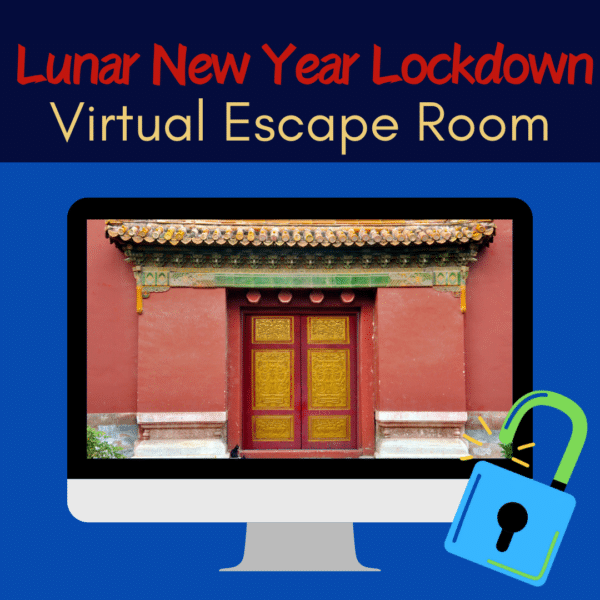 The image is a promotional graphic for a "Lunar New Year Lockdown Virtual Escape Room." The graphic features the title text at the top in red and yellow fonts. Below the text, there is an image of a traditional Chinese door with intricate designs, displayed on a computer monitor. To the right of the monitor, there is an illustration of an open padlock, symbolizing the escape room theme. The background of the graphic is blue.