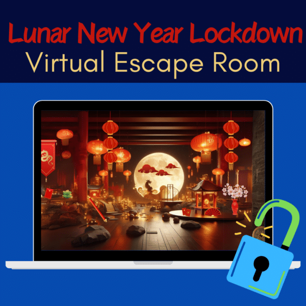 The image is a promotional graphic for a "Lunar New Year Lockdown Virtual Escape Room." The top part of the image has text that reads "Lunar New Year Lockdown" in red and "Virtual Escape Room" in yellow. Below the text, there is an illustration of a laptop with a festive scene displayed on its screen. The scene on the laptop screen features a traditional Chinese setting with red lanterns, a large full moon, and various decorations associated with the Lunar New Year, such as a dragon and cherry blossoms. There is also an unlocked padlock icon in the bottom right corner of the image, symbolizing the escape room theme.