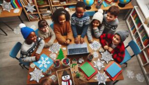 A group of children gathered around a table in a classroom, eagerly engaged in creating winter-themed crafts. The table is filled with various paper snowflakes, colored pencils, and other craft materials. A laptop sits in the center of the table. The children are wearing cozy winter sweaters and hats, and the background features bookshelves filled with educational materials and a globe.