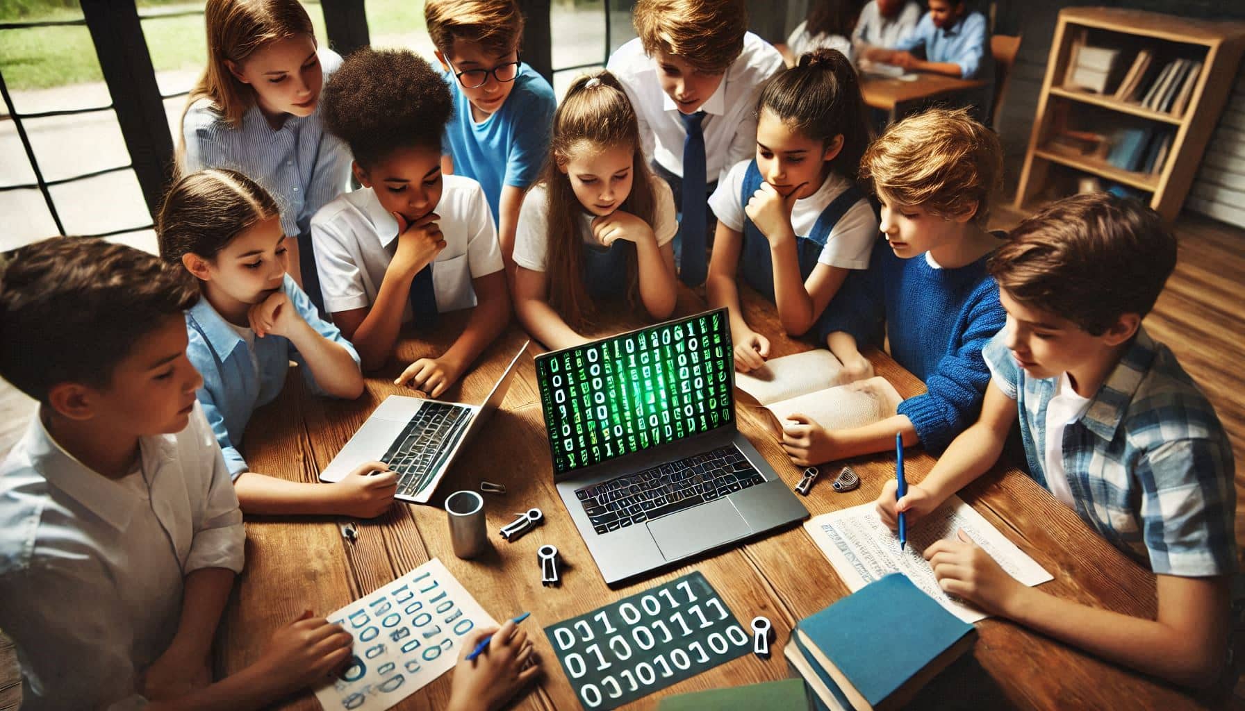 The image shows a group of students gathered around a table with laptops, books, and papers. The laptops display binary code, and there are sheets of paper with binary numbers and USB drives on the table. The students appear to be engaged in a collaborative learning activity, likely related to computer science or coding.