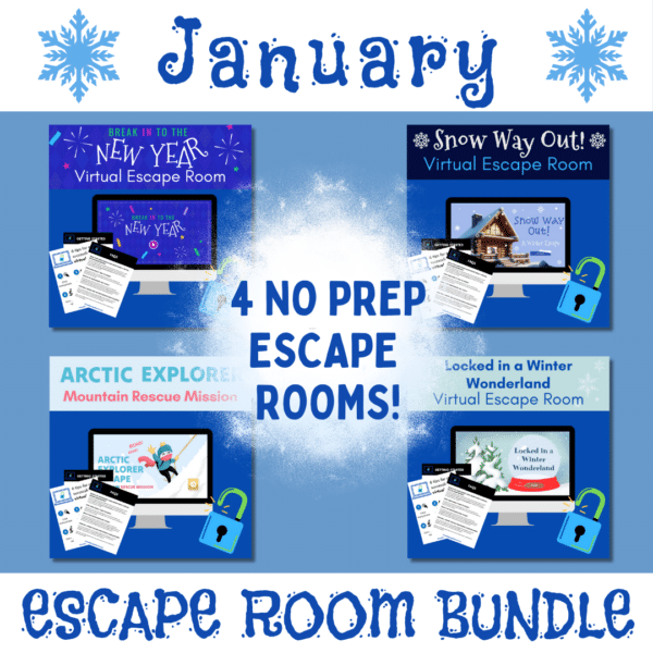 The image is an advertisement for a bundle of four virtual escape rooms themed around January. The escape rooms are titled "Break in to the New Year," "Snow Way Out!," "Arctic Explorer: Mountain Rescue Mission," and "Locked in a Winter Wonderland." The text "4 NO PREP ESCAPE ROOMS!" is prominently displayed in the center. Each escape room is depicted with an image of a computer screen showing the respective escape room's title and theme, along with some printed materials and a padlock icon. The word "January" is written at the top with snowflakes on either side, and "ESCAPE ROOM BUNDLE" is written at the bottom.