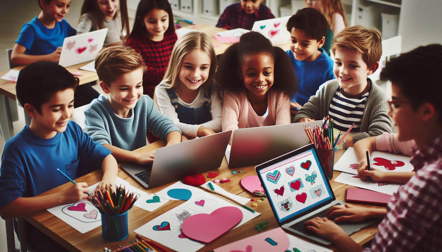 The image shows a group of children around a table engaged in an art activity using laptops and drawing materials, creating heart-themed artwork. There are colored pencils, paper with heart designs, and laptops displaying similar images. It looks like a fun and collaborative learning environment, possibly a classroom or workshop setting.