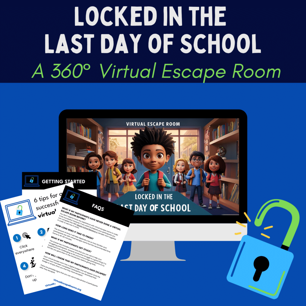 A computer monitor showing a 360° virtual escape room game titled "Locked in the Last Day of School." The screen features cartoon characters in a library setting. In the foreground, there are two printed sheets of paper with game instructions and FAQs, and a blue padlock with a green open hasp.