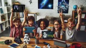 A vibrant classroom scene, awash in the soft glow of natural light, reveals a diverse group of students immersed in various Star Wars-themed activities. Some students are meticulously drawing BB-8, while others are engrossed in creating character trading cards adorned with iconic Star Wars characters and detailed statistics. A large screen displays a classic Star Wars text crawl, setting the stage for a captivating story. A particularly enthusiastic student, a young Asian boy dressed as Yoda, stands before the class, animatedly explaining a memorable Star Wars quote, sparking laughter and engaged discussion. The classroom is thoughtfully decorated with colorful Star Wars posters, showcasing iconic scenes and characters, and features strategically placed Star Wars memorabilia and figurines, immersing students in the beloved galaxy far, far away. The scene is filled with creativity and enthusiasm, highlighting the students' passion for Star Wars and their active engagement in learning through play.