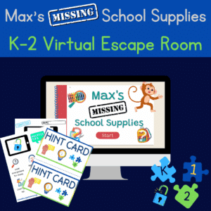 Promotional graphic for 'Max’s Missing School Supplies' K–2 Virtual Escape Room. The image features a computer screen displaying the game’s title screen with a cartoon monkey, backpack, and school supplies. Surrounding the screen are printable hint cards, a completion certificate, and colorful puzzle pieces labeled K, 1, and 2, along with a lock icon to represent an escape room theme. The top of the image includes the game title in playful fonts and bright colors.