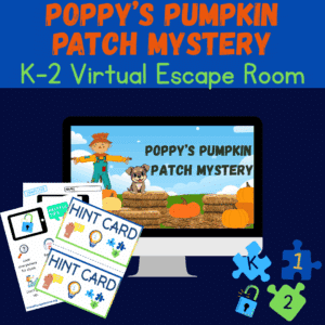 Text at the top says 'Poppy's Pumpkin Patch Mystery K-2 Virtual Escape Room'. Below, a computer screen displays the title 'Poppy's Pumpkin Patch Mystery' with a friendly puppy and a scarecrow in a pumpkin patch. To the left, printed papers show a lock icon, 'Helpful Tips,' and 'Hint Card' with lightbulb icons. To the right, blue and green puzzle pieces labeled 'K,' '1,' and '2' are next to a small blue padlock.