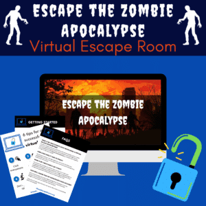 A graphic for a "Escape the Zombie Apocalypse Virtual Escape Room." It features a desktop monitor displaying a dark, sunset-lit image of a crowd of zombie silhouettes walking toward a city skyline. In the foreground are two sheets of paper with text, one labeled "Getting Started" with "6 tips for a successful virtual experience," and the other labeled "FAQs," which includes questions like "WHAT IF MY PARTICIPANTS HAVE NEVER DONE A VIRTUAL ESCAPE ROOM BEFORE?" Two white zombie silhouettes are in the top corners, and an open blue and green padlock is in the bottom right corner.