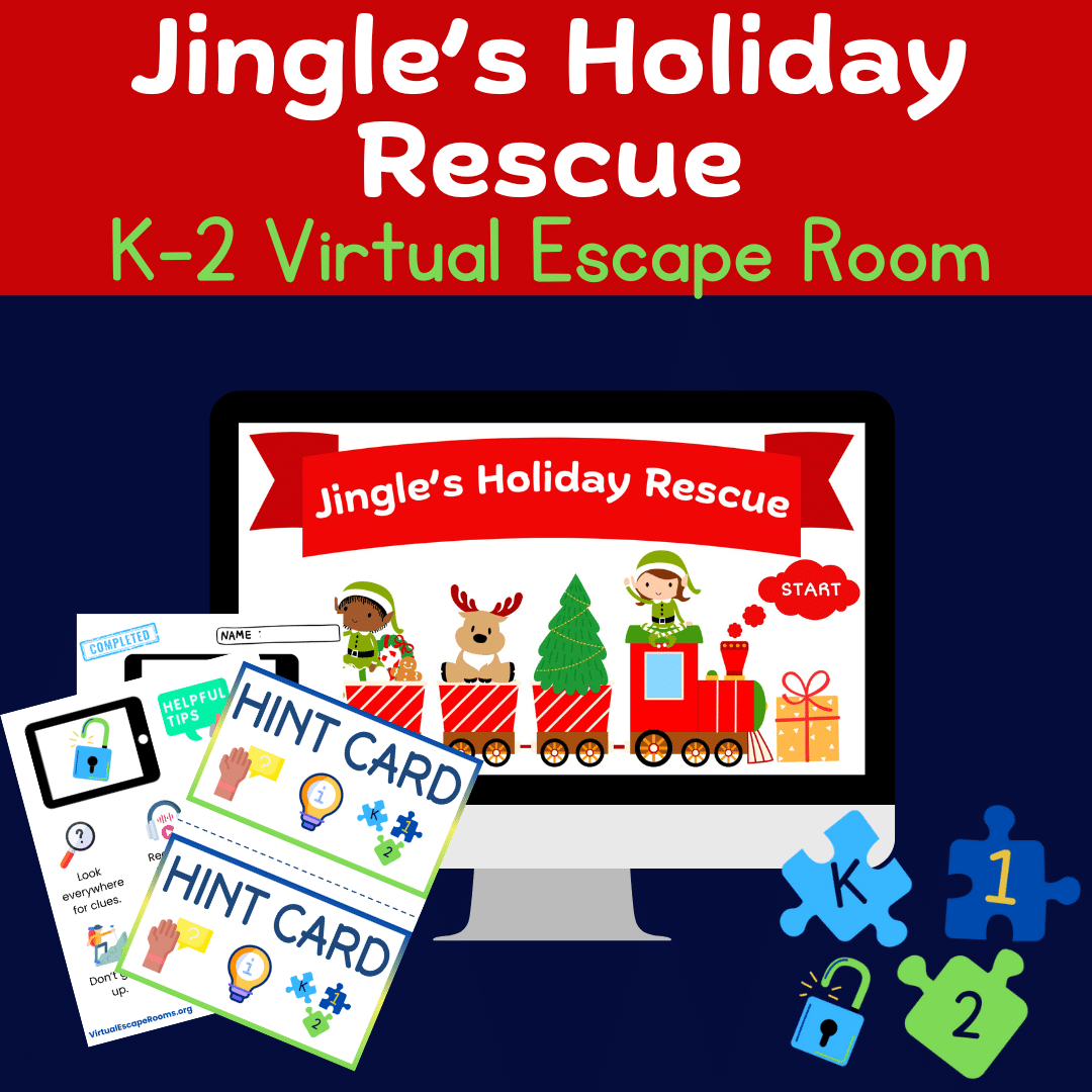 Title slide for a K-2 Virtual Escape Room called 'Jingle's Holiday Rescue.' The screen shows a holiday-themed train with elf and reindeer characters, with a 'START' button. Surrounding the monitor are printed hint cards, helpful tips, and puzzle pieces labeled K, 1, and 2, suggesting grade levels.